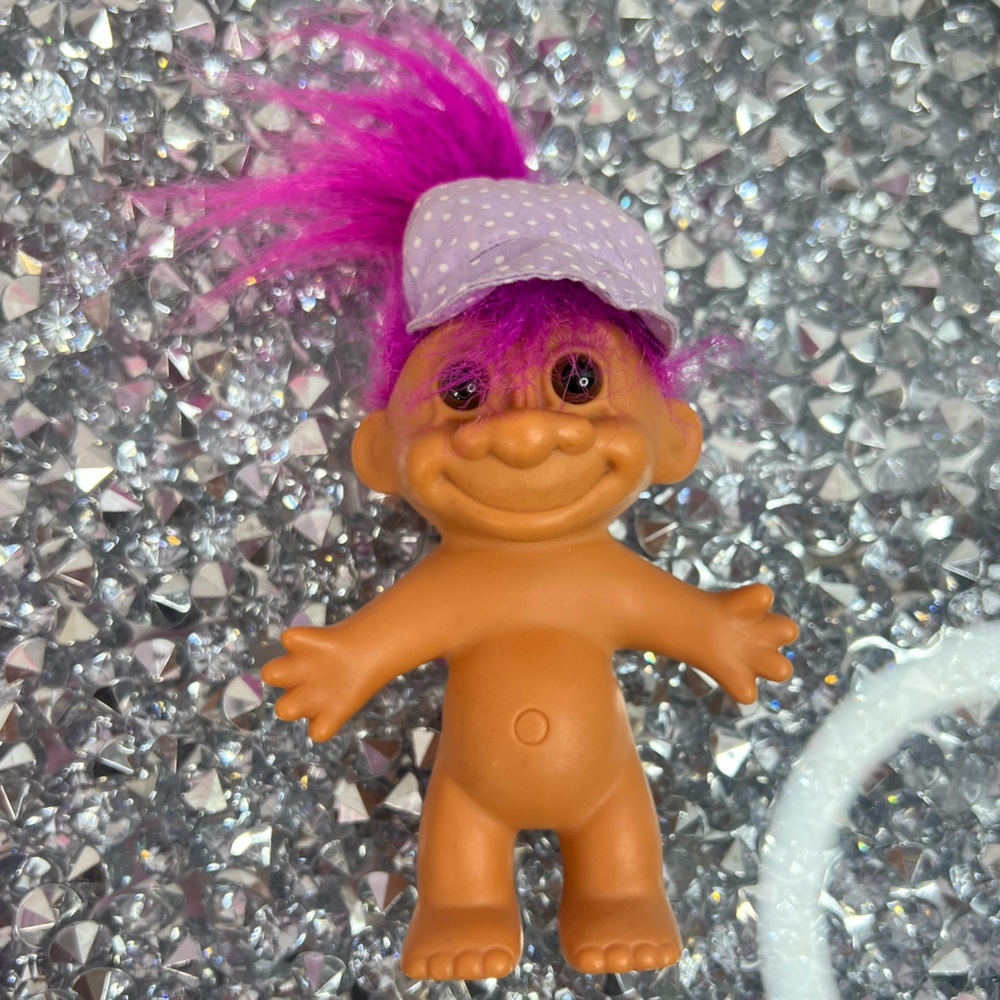 Russ Troll Doll with Bright Pink Hair and Lavender Polka-Dot Cap